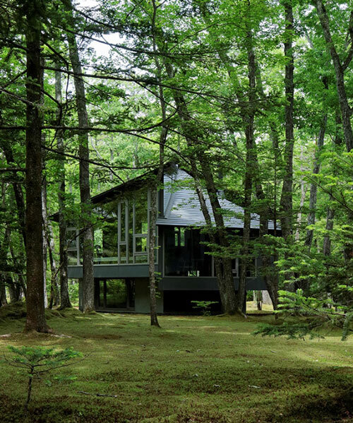 Hexagonális fa napernyő koronázza a japán villa mohás kertjét