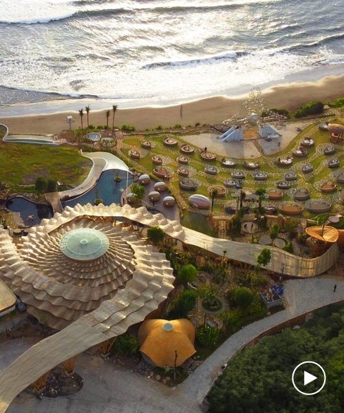 Fibonacci-ihlette szürreális bambusz- és bazaltarchitektúra a balinéz tengerparti klubban