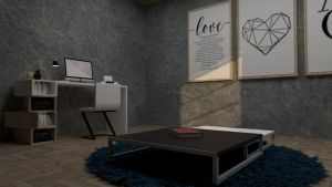 Stylish home office featuring minimalist furniture, art decor, and contemporary design.