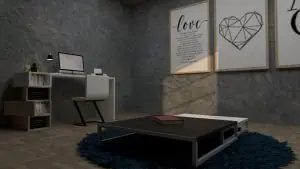 Stylish home office featuring minimalist furniture, art decor, and contemporary design.
