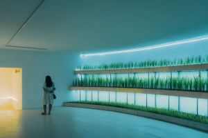 Woman observing illuminated grass art installation in modern exhibit space.