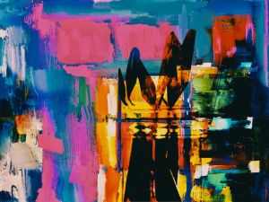 A vivid and colorful abstract painting with dynamic brush strokes and bold colors.
