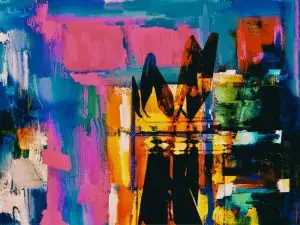 A vivid and colorful abstract painting with dynamic brush strokes and bold colors.