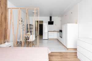 Spacious modern studio apartment featuring an open kitchen and minimalist decor.