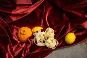 A vibrant still life of citrus fruits and pasta on rich red velvet fabric, creating a luxurious feel.